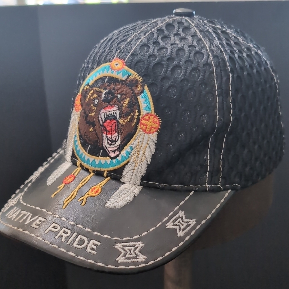 Native Pride Black Mesh Cap with Bear Embroidery, Snapback Hat.